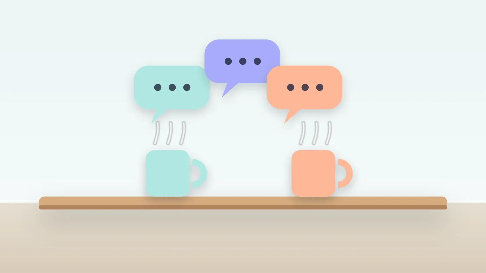 Illustration of three soft speech bubbles above a table with two mugs, suggesting conversation