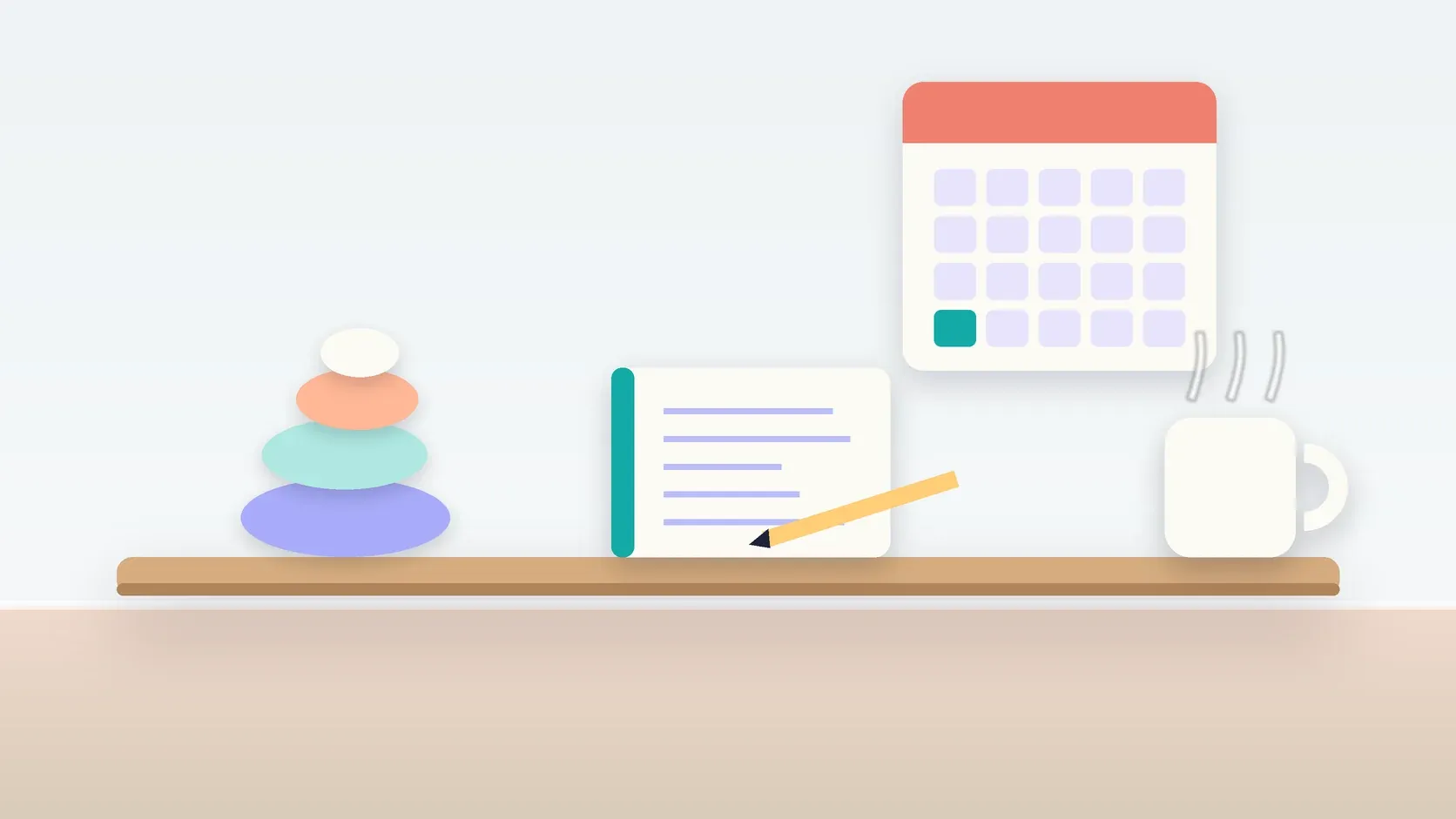 Illustration of a workspace with a wall calendar, a stack of balanced stones, a notebook and a mug