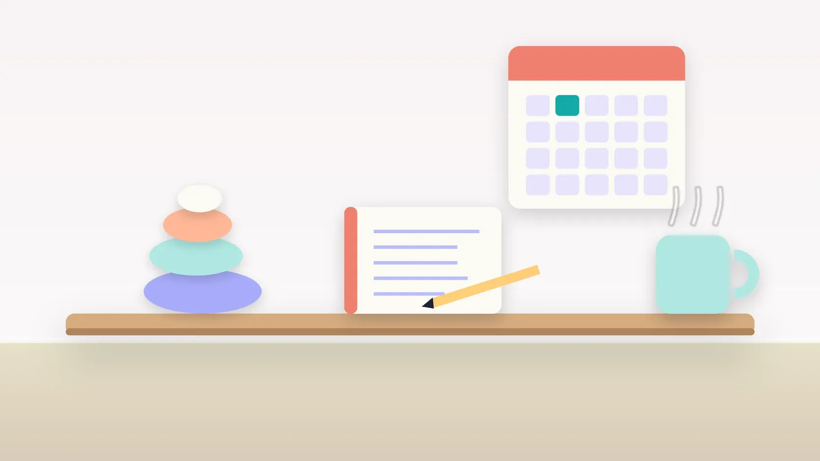 Illustration of a workspace with a wall calendar, a stack of balanced stones, a notebook and a mug