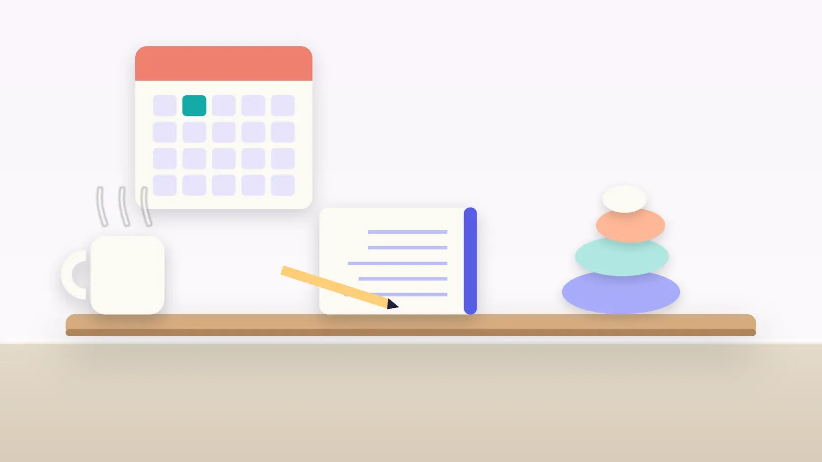 Illustration of a workspace with a wall calendar, a stack of balanced stones, a notebook and a mug