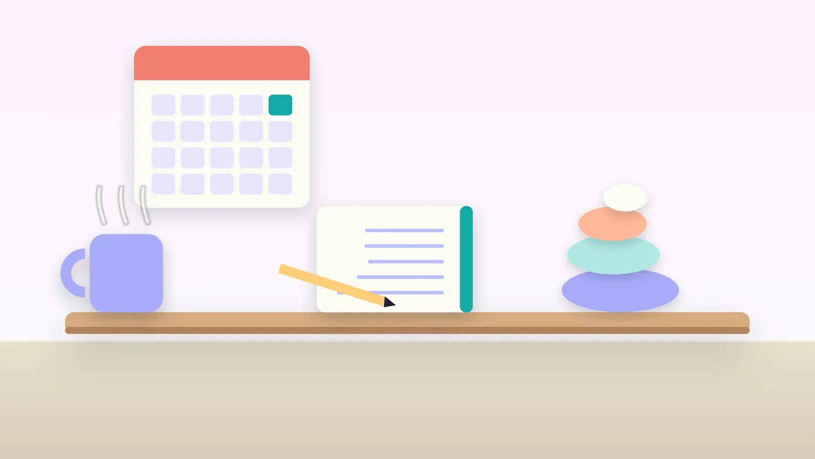 Illustration of a workspace with a wall calendar, a stack of balanced stones, a notebook and a mug