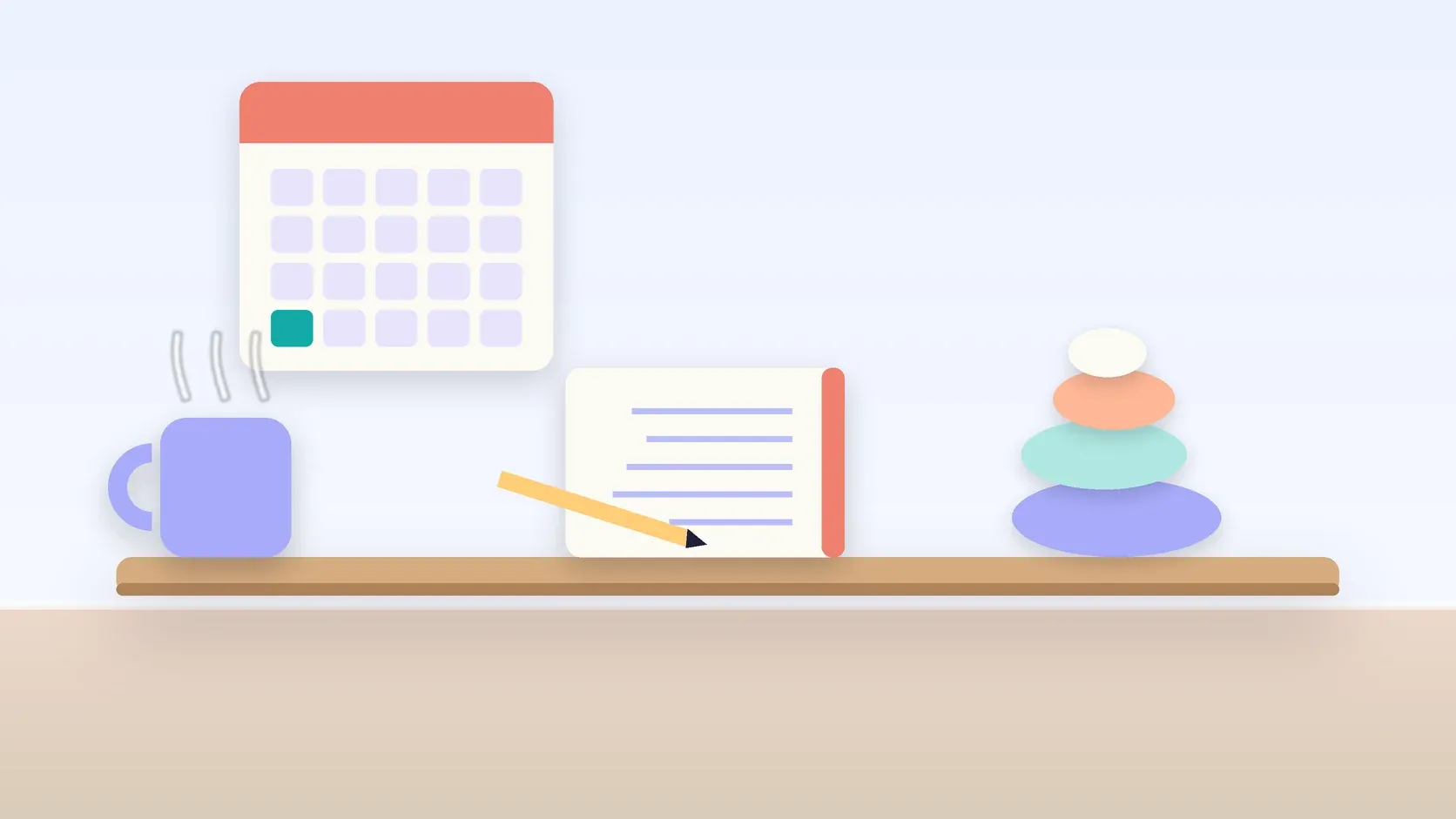 Illustration of a workspace with a wall calendar, a stack of balanced stones, a notebook and a mug