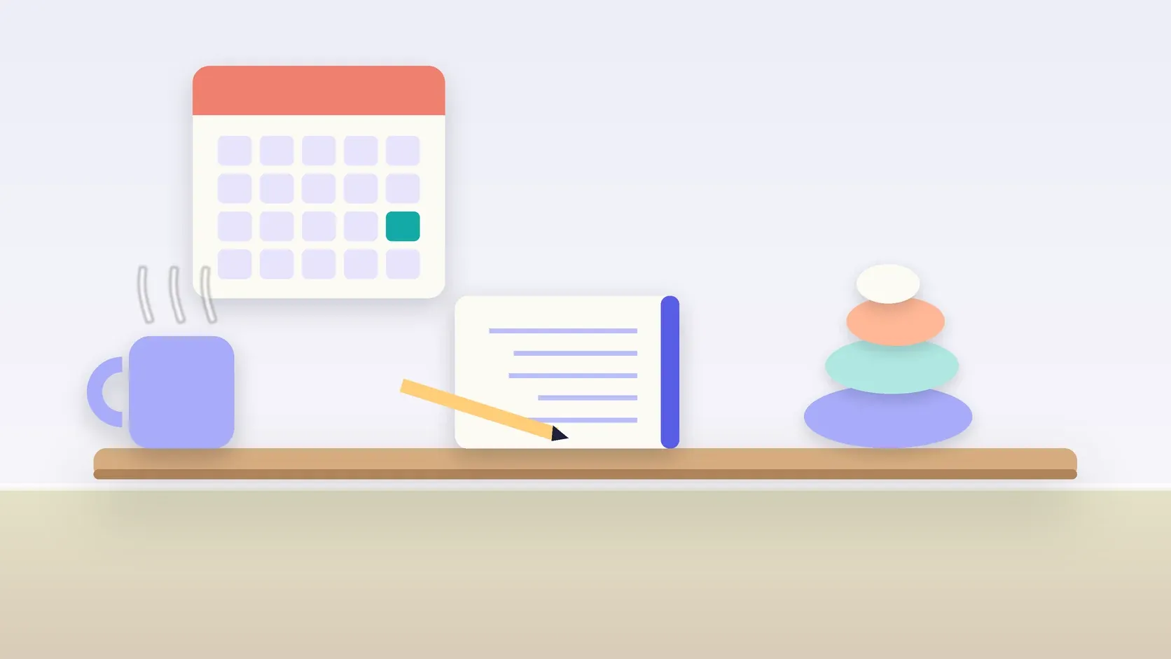 Illustration of a workspace with a wall calendar, a stack of balanced stones, a notebook and a mug