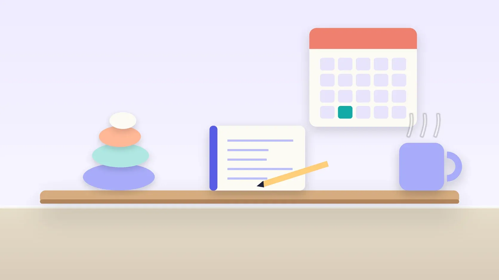 Illustration of a workspace with a wall calendar, a stack of balanced stones, a notebook and a mug