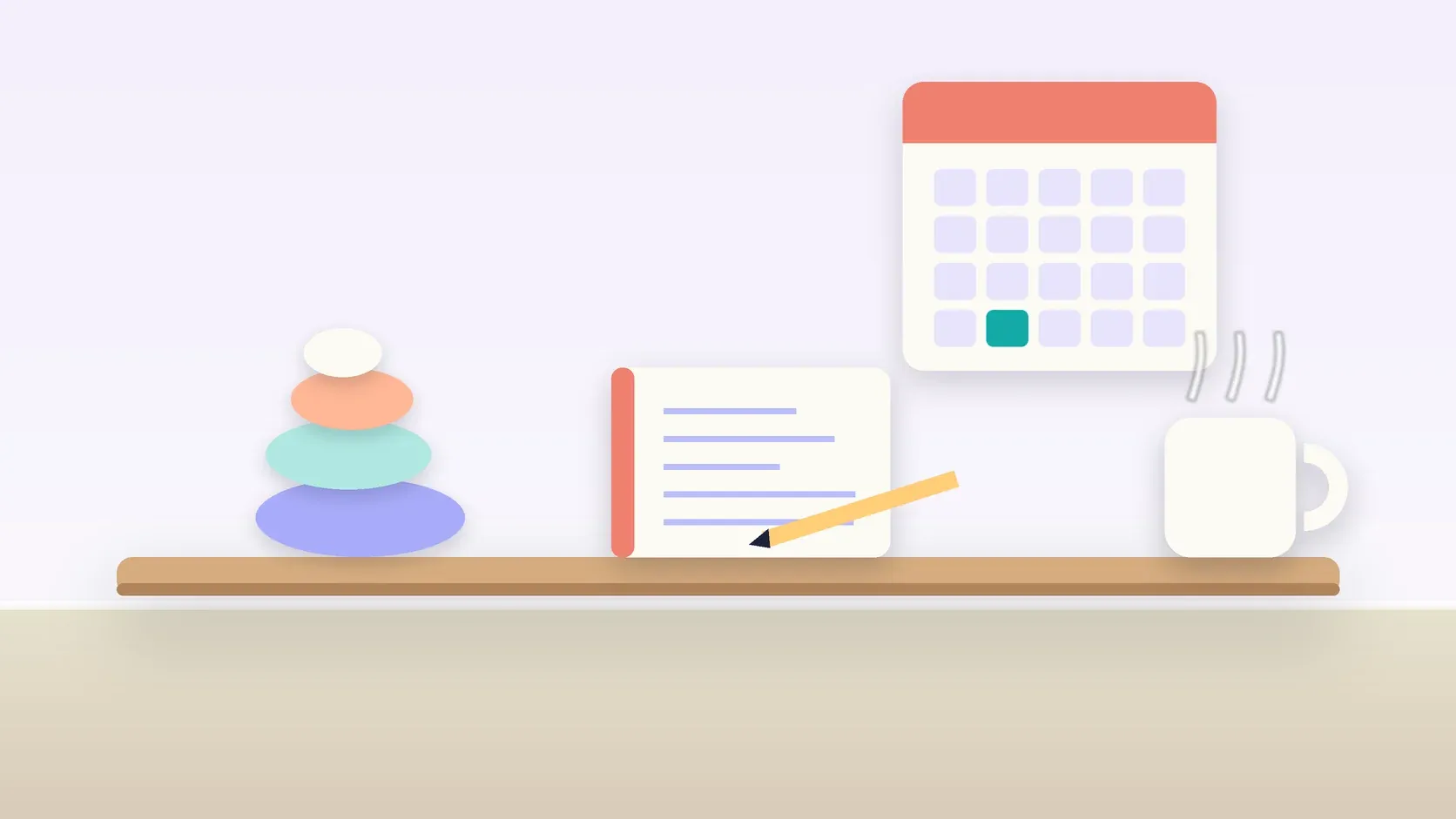 Illustration of a workspace with a wall calendar, a stack of balanced stones, a notebook and a mug