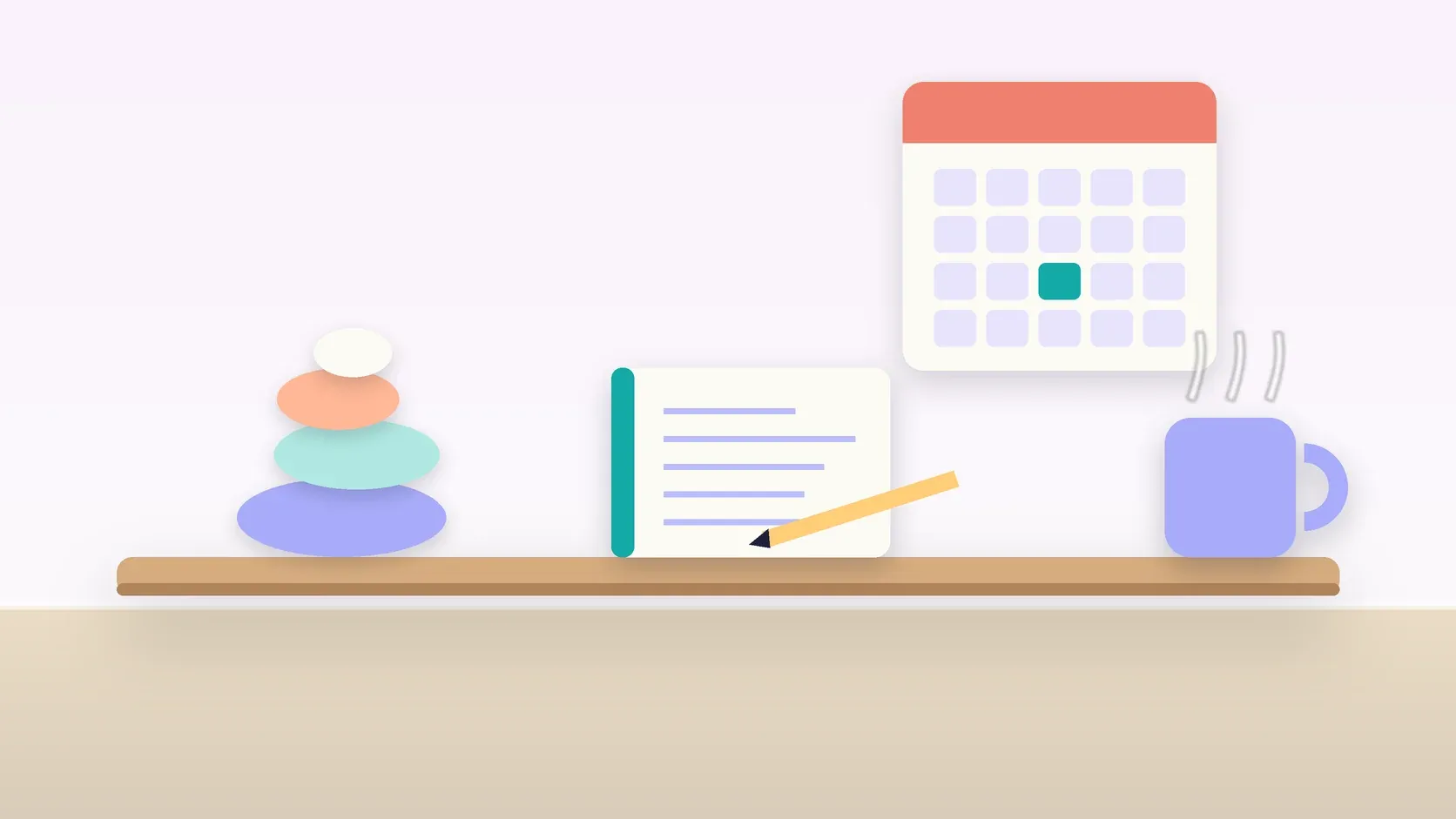 Illustration of a workspace with a wall calendar, a stack of balanced stones, a notebook and a mug