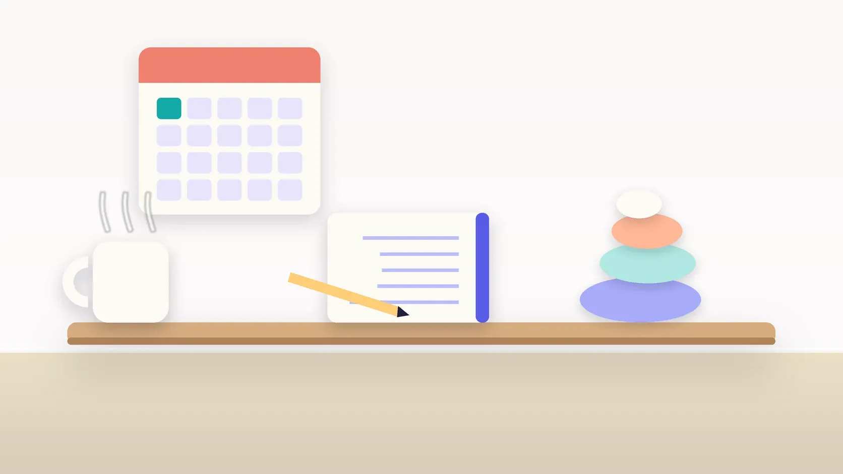 Illustration of a workspace with a wall calendar, a stack of balanced stones, a notebook and a mug