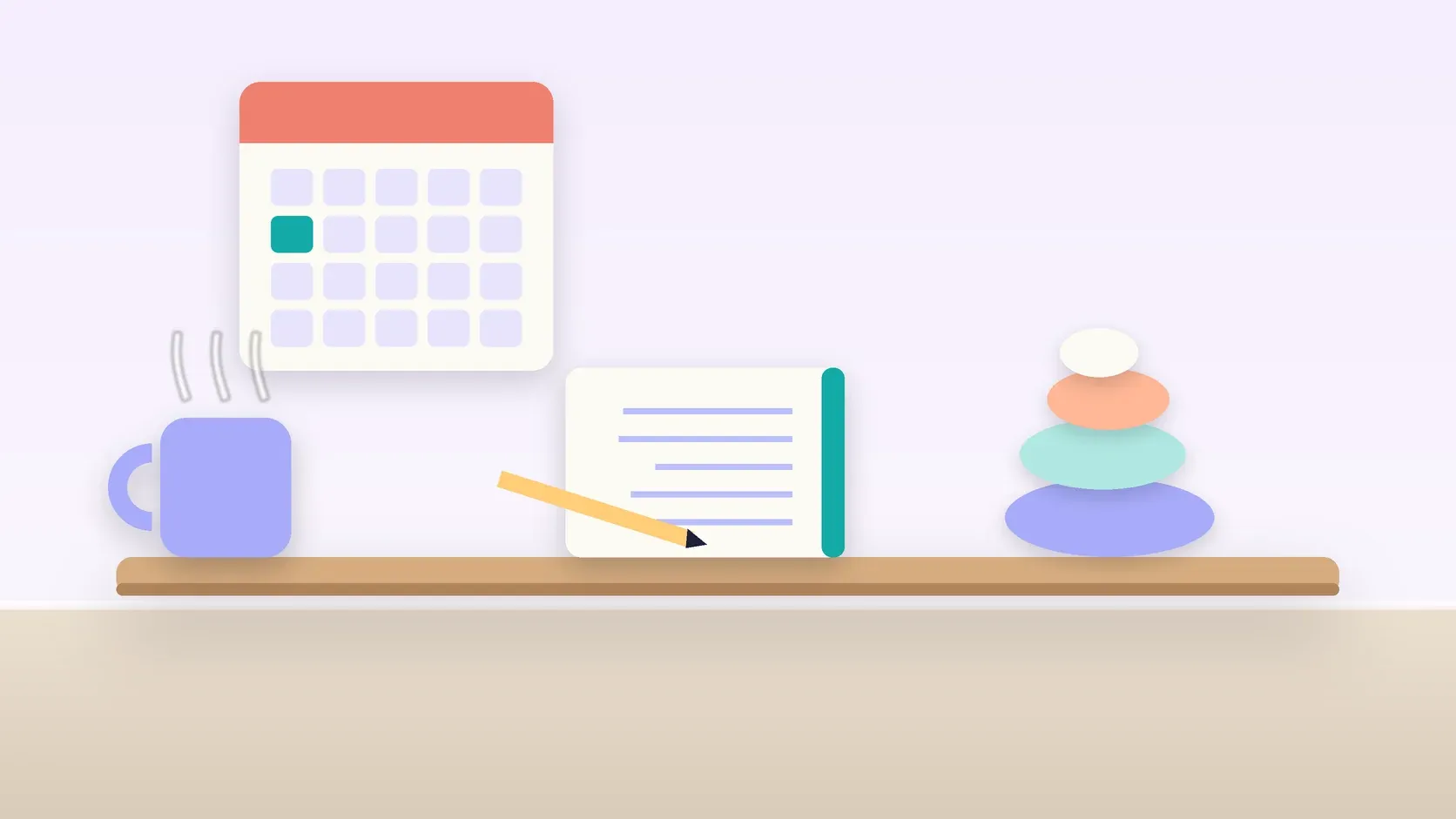 Illustration of a workspace with a wall calendar, a stack of balanced stones, a notebook and a mug