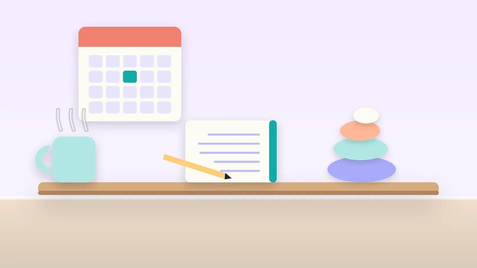 Illustration of a workspace with a wall calendar, a stack of balanced stones, a notebook and a mug