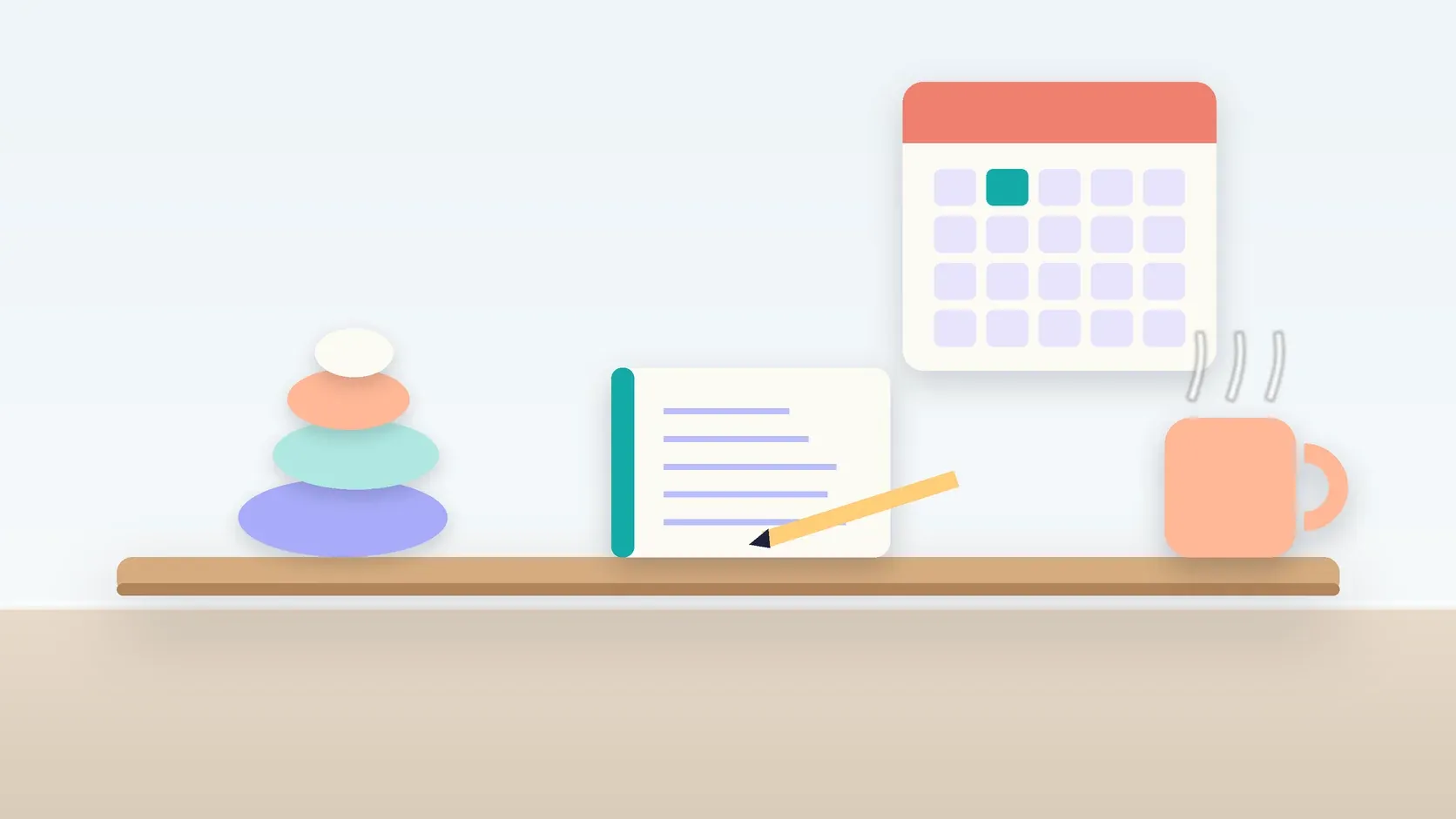 Illustration of a workspace with a wall calendar, a stack of balanced stones, a notebook and a mug