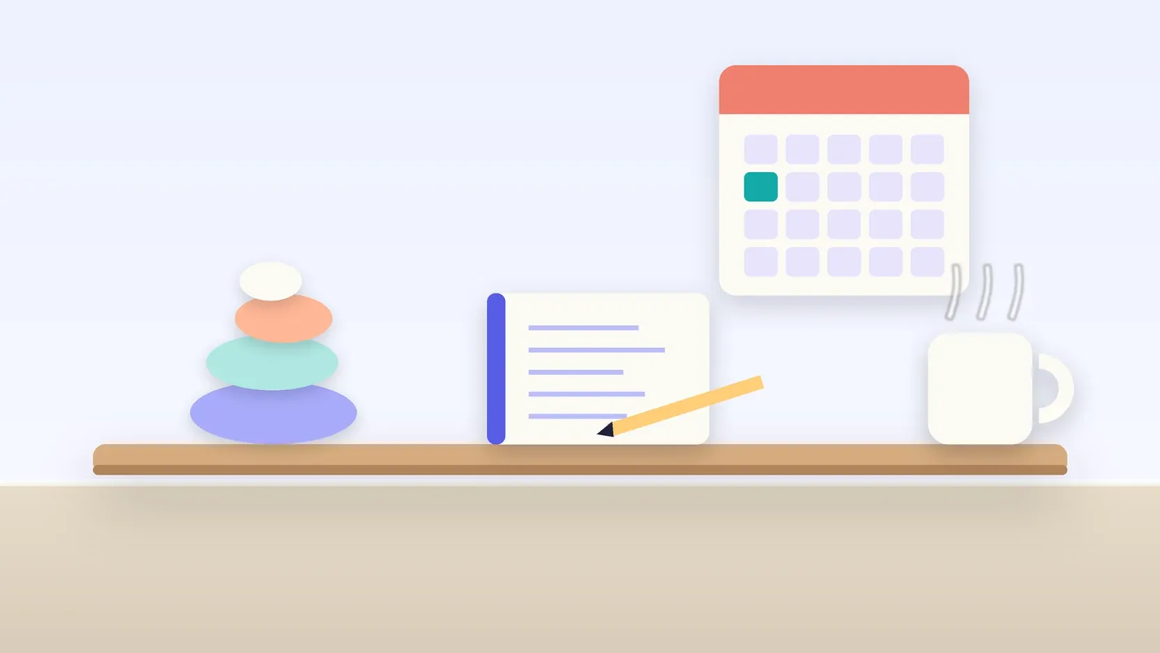 Illustration of a workspace with a wall calendar, a stack of balanced stones, a notebook and a mug