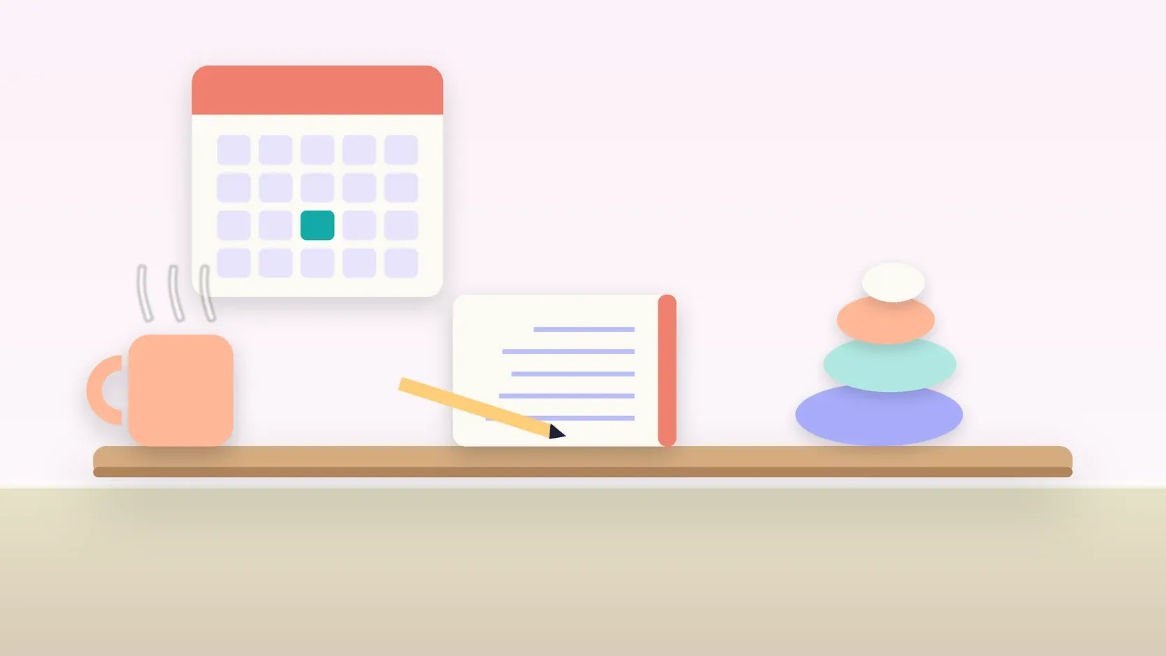 Illustration of a workspace with a wall calendar, a stack of balanced stones, a notebook and a mug