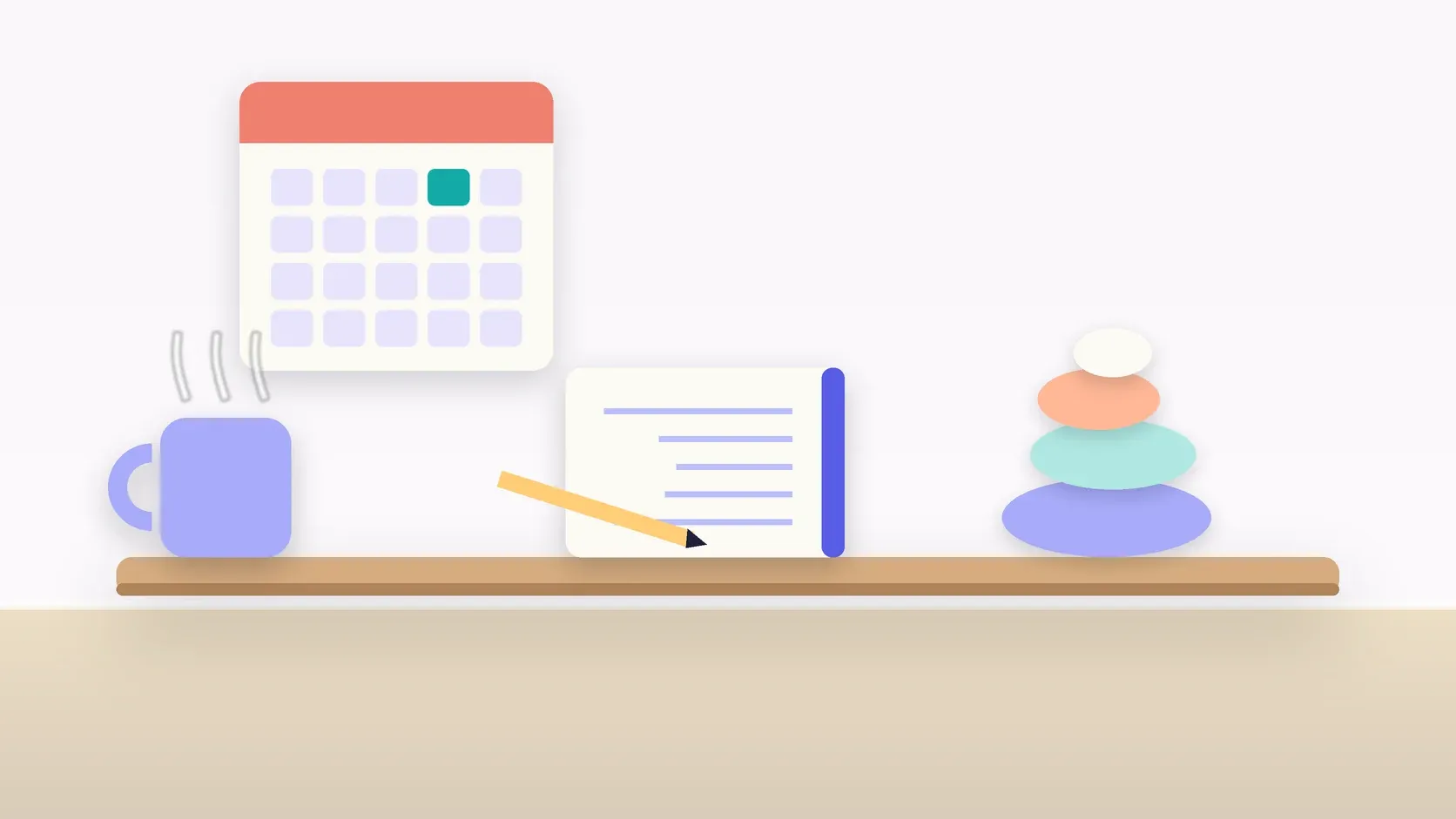 Illustration of a workspace with a wall calendar, a stack of balanced stones, a notebook and a mug