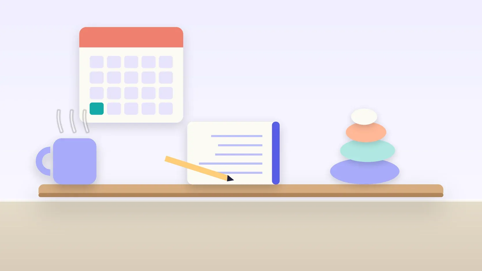 Illustration of a workspace with a wall calendar, a stack of balanced stones, a notebook and a mug