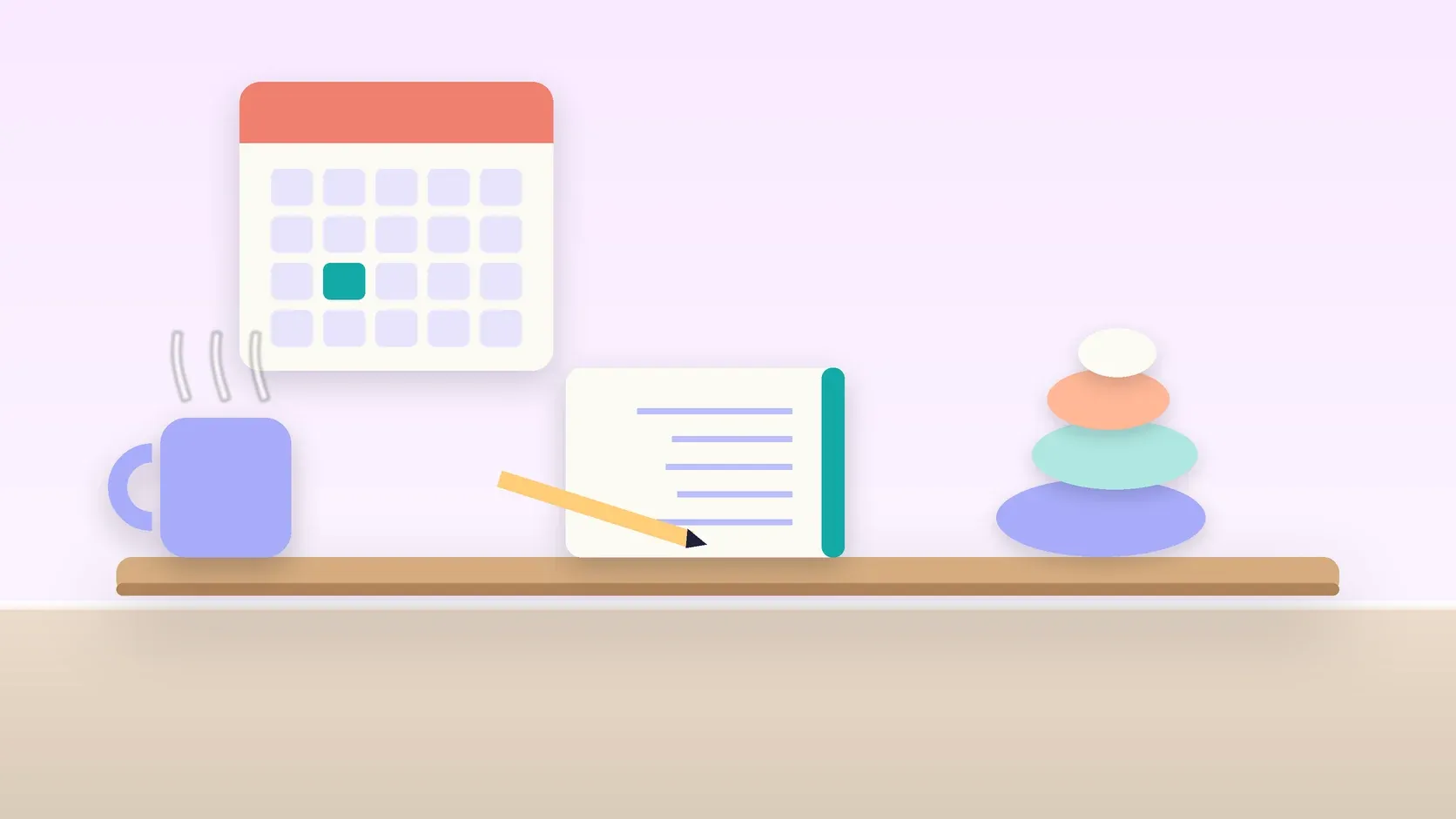 Illustration of a workspace with a wall calendar, a stack of balanced stones, a notebook and a mug