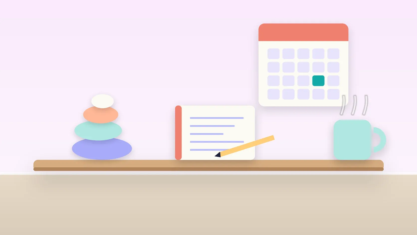 Illustration of a workspace with a wall calendar, a stack of balanced stones, a notebook and a mug