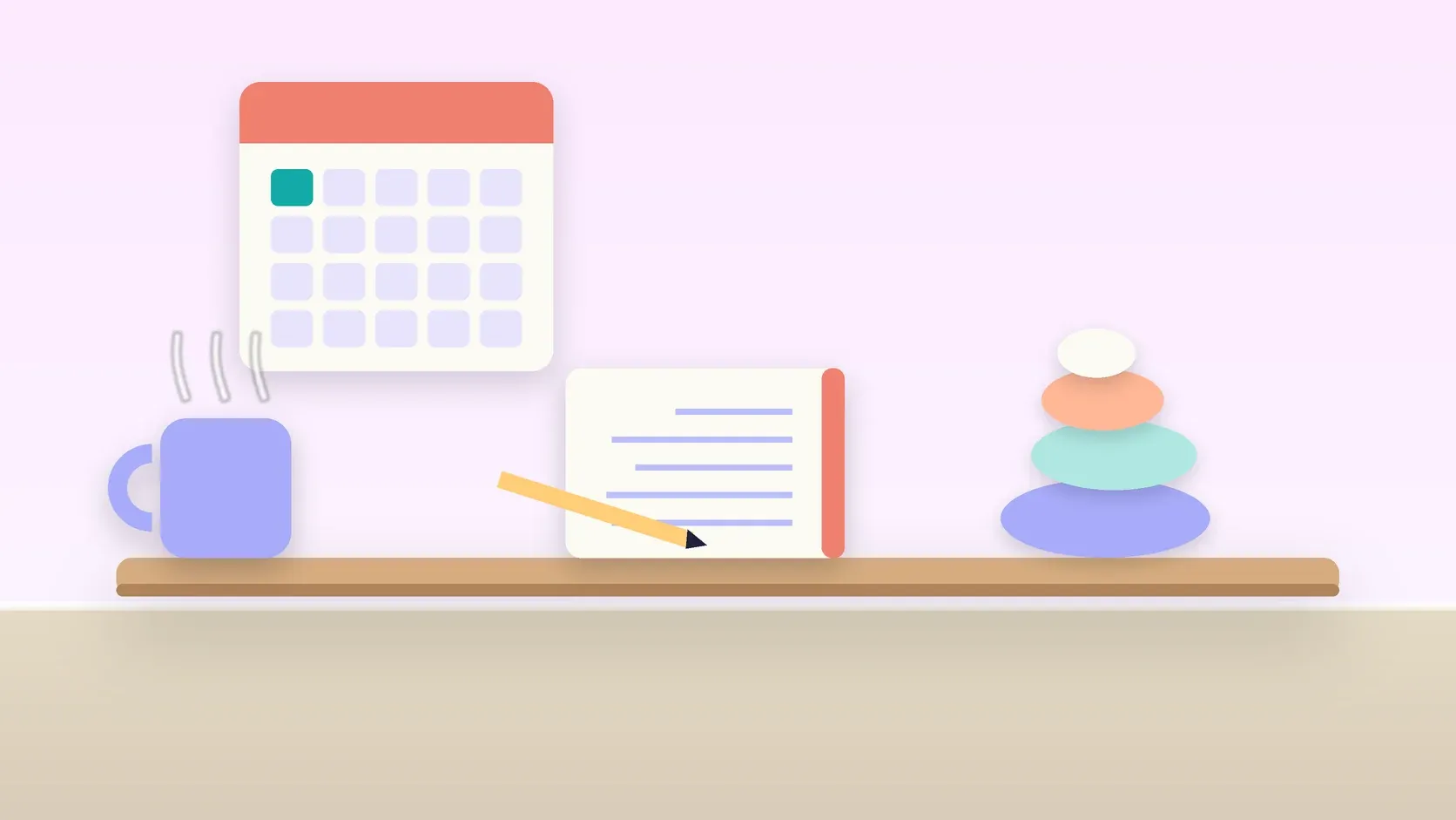 Illustration of a workspace with a wall calendar, a stack of balanced stones, a notebook and a mug