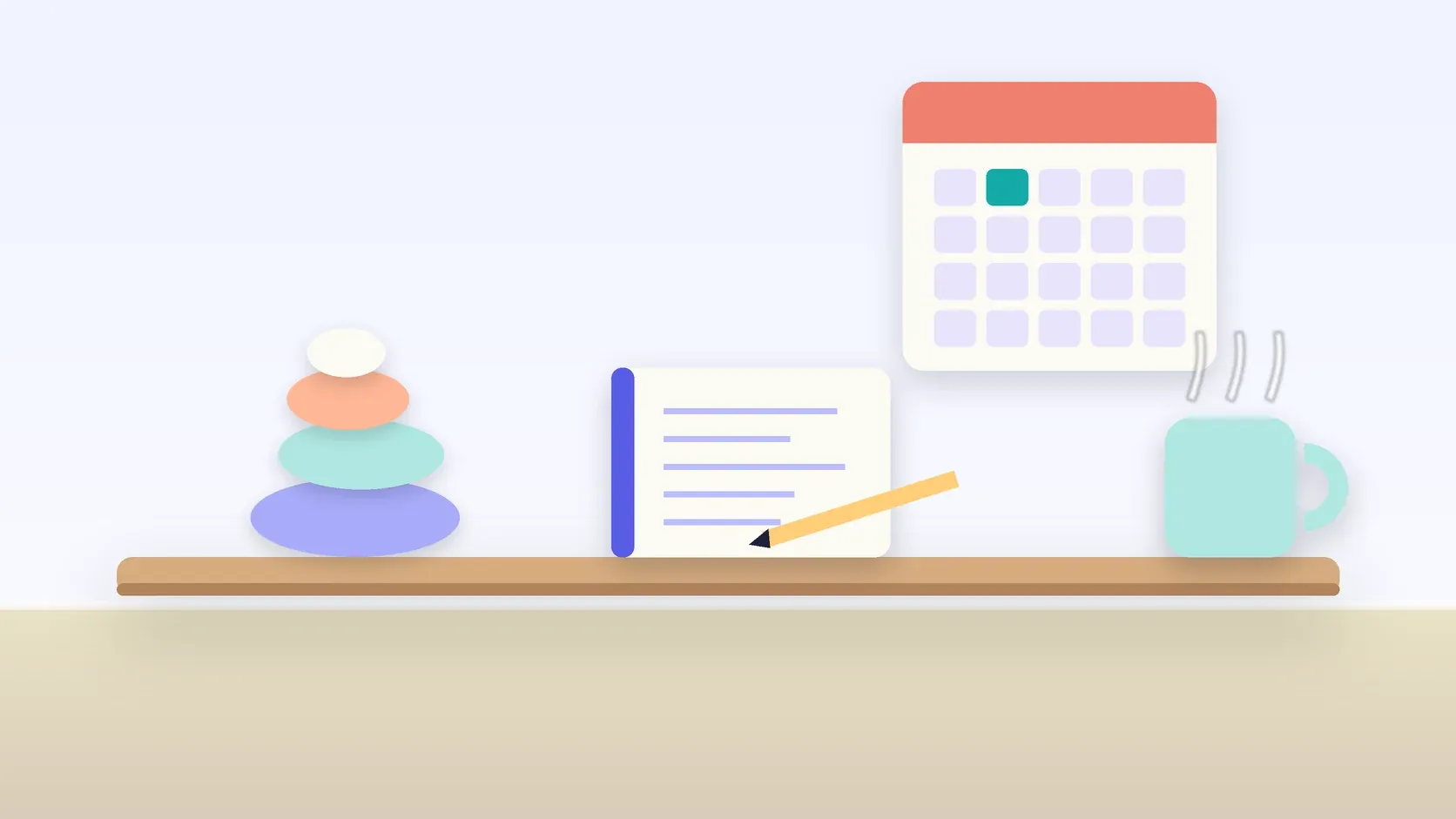 Illustration of a workspace with a wall calendar, a stack of balanced stones, a notebook and a mug
