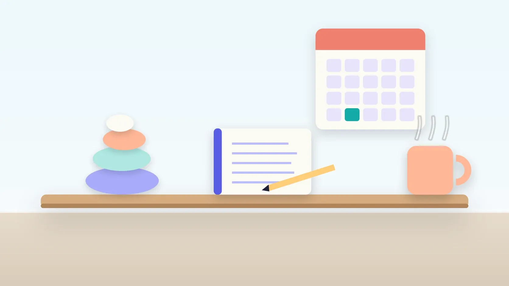 Illustration of a workspace with a wall calendar, a stack of balanced stones, a notebook and a mug