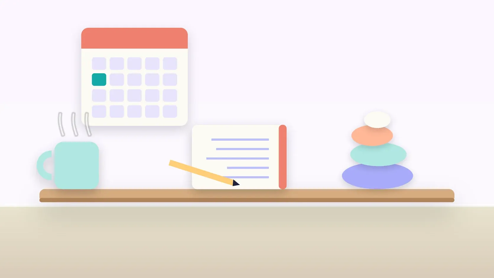 Illustration of a workspace with a wall calendar, a stack of balanced stones, a notebook and a mug