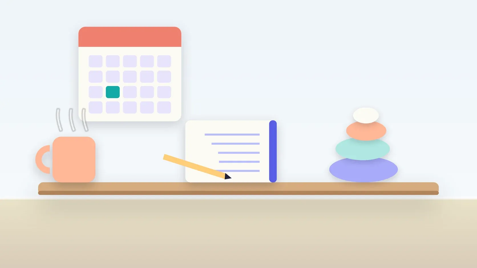 Illustration of a workspace with a wall calendar, a stack of balanced stones, a notebook and a mug