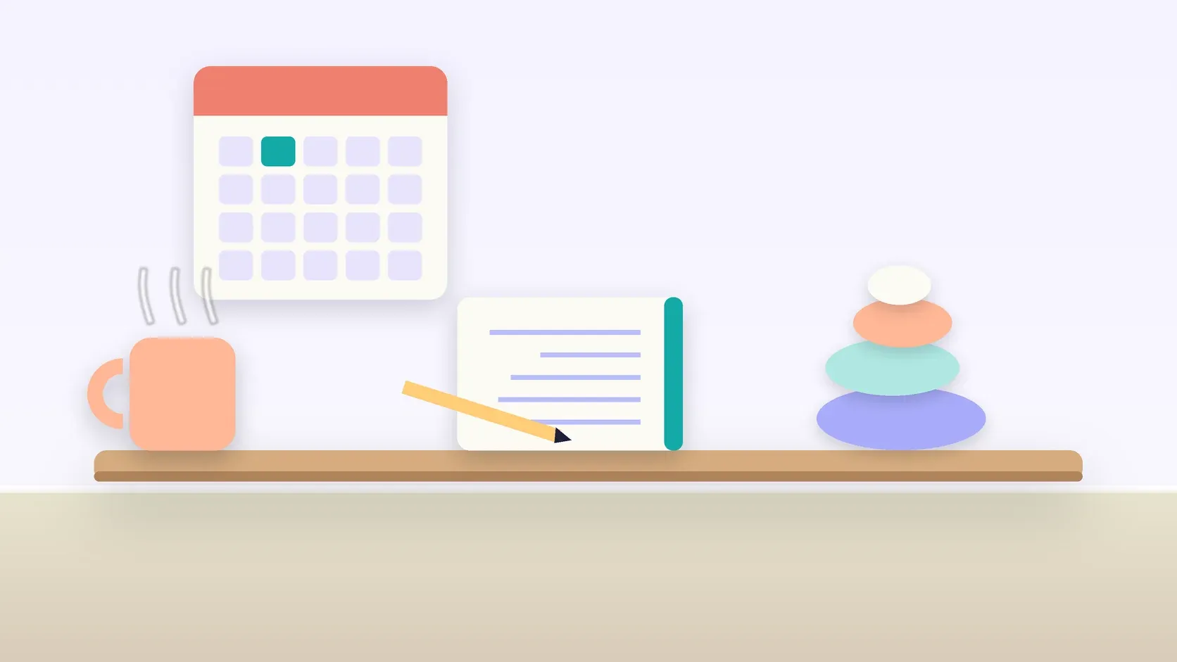 Illustration of a workspace with a wall calendar, a stack of balanced stones, a notebook and a mug