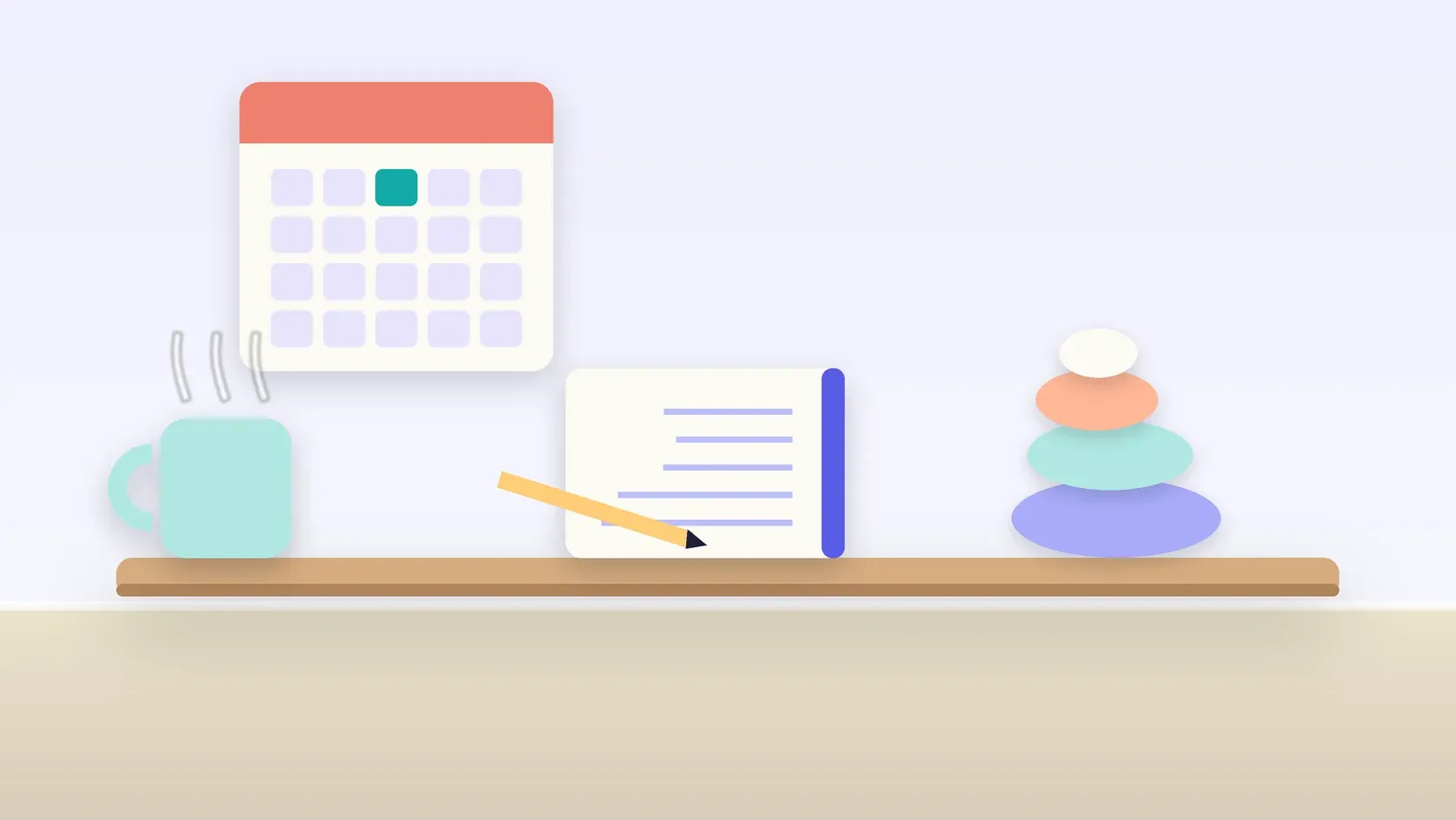 Illustration of a workspace with a wall calendar, a stack of balanced stones, a notebook and a mug