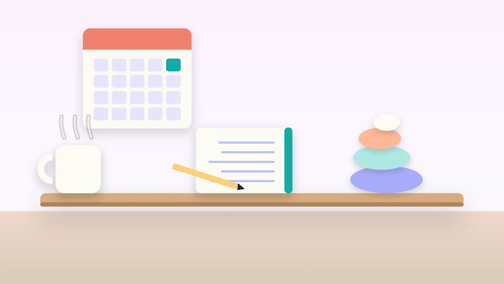 Illustration of a workspace with a wall calendar, a stack of balanced stones, a notebook and a mug