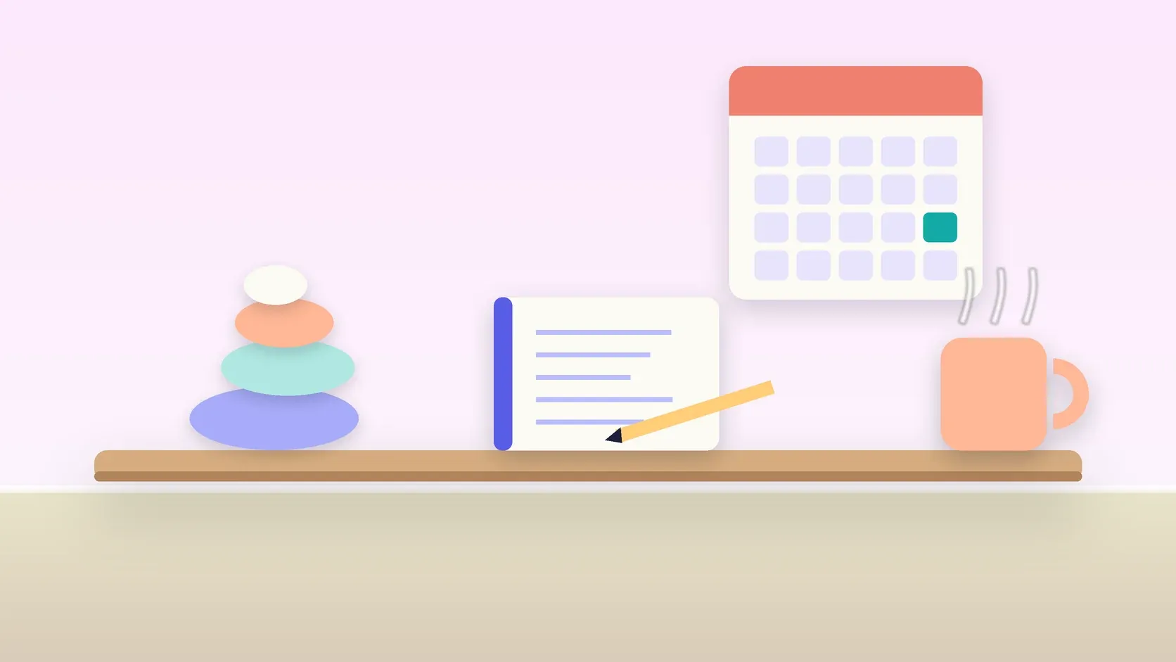 Illustration of a workspace with a wall calendar, a stack of balanced stones, a notebook and a mug