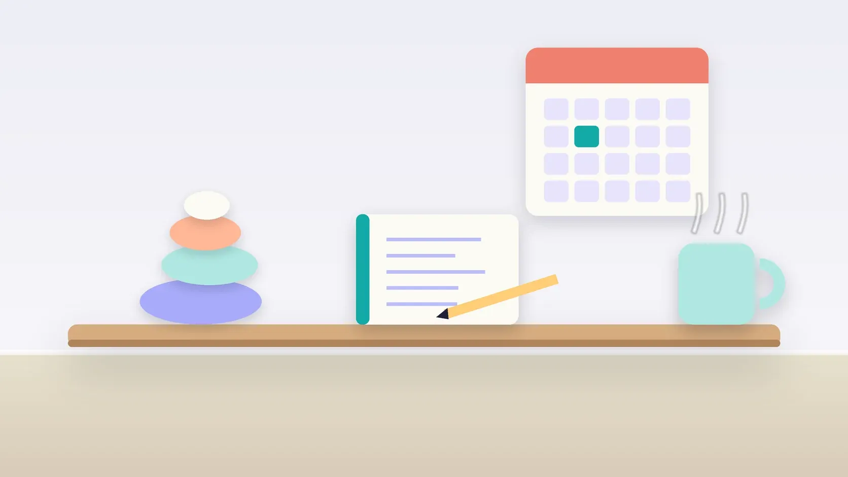 Illustration of a workspace with a wall calendar, a stack of balanced stones, a notebook and a mug
