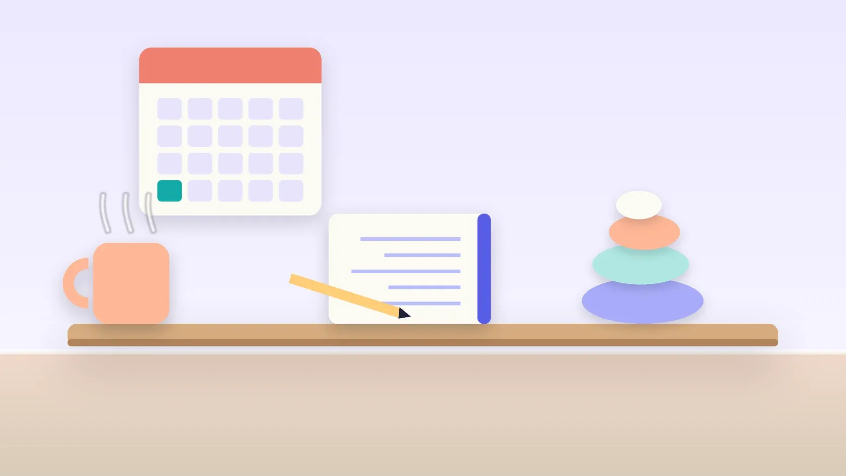 Illustration of a workspace with a wall calendar, a stack of balanced stones, a notebook and a mug