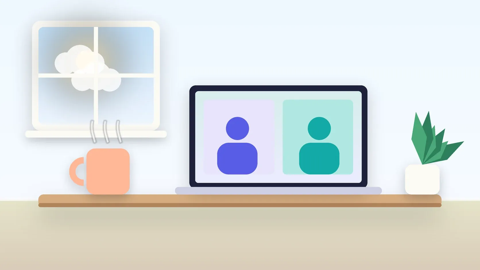 Illustration of a laptop showing a video visit on a desk beside a mug and a plant, with a sunny window behind