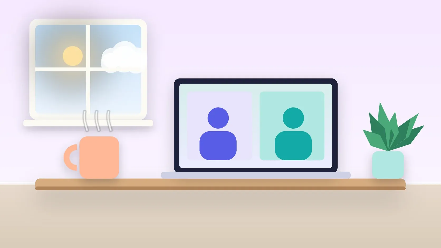 Illustration of a laptop showing a video visit on a desk beside a mug and a plant, with a sunny window behind