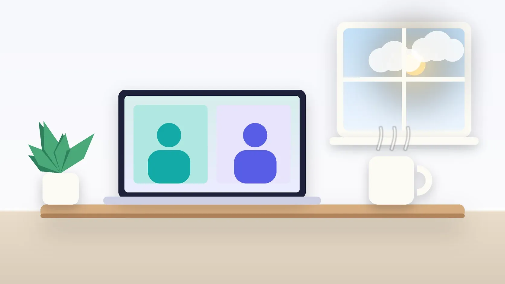 Illustration of a laptop showing a video visit on a desk beside a mug and a plant, with a sunny window behind