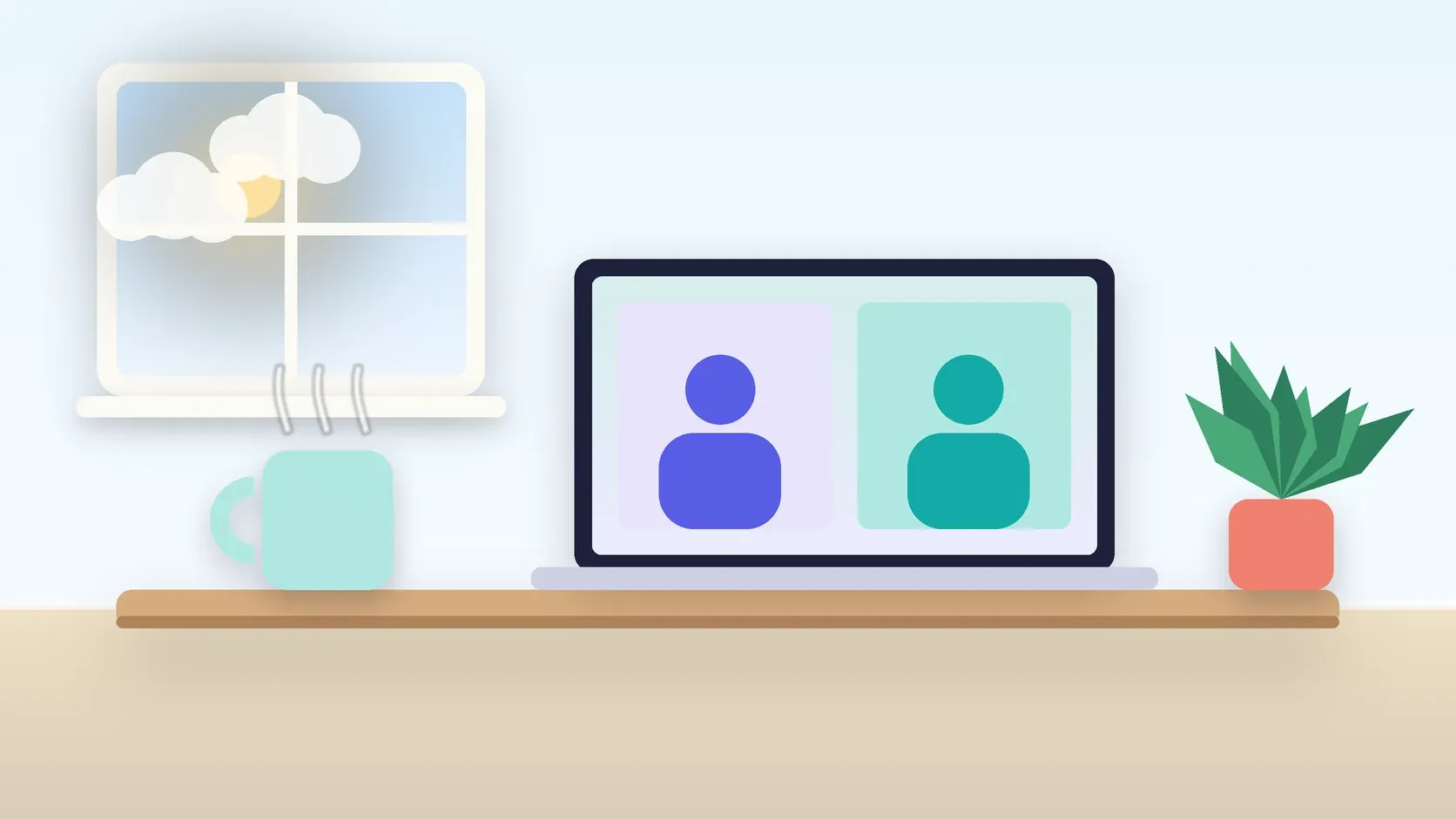 Illustration of a laptop showing a video visit on a desk beside a mug and a plant, with a sunny window behind