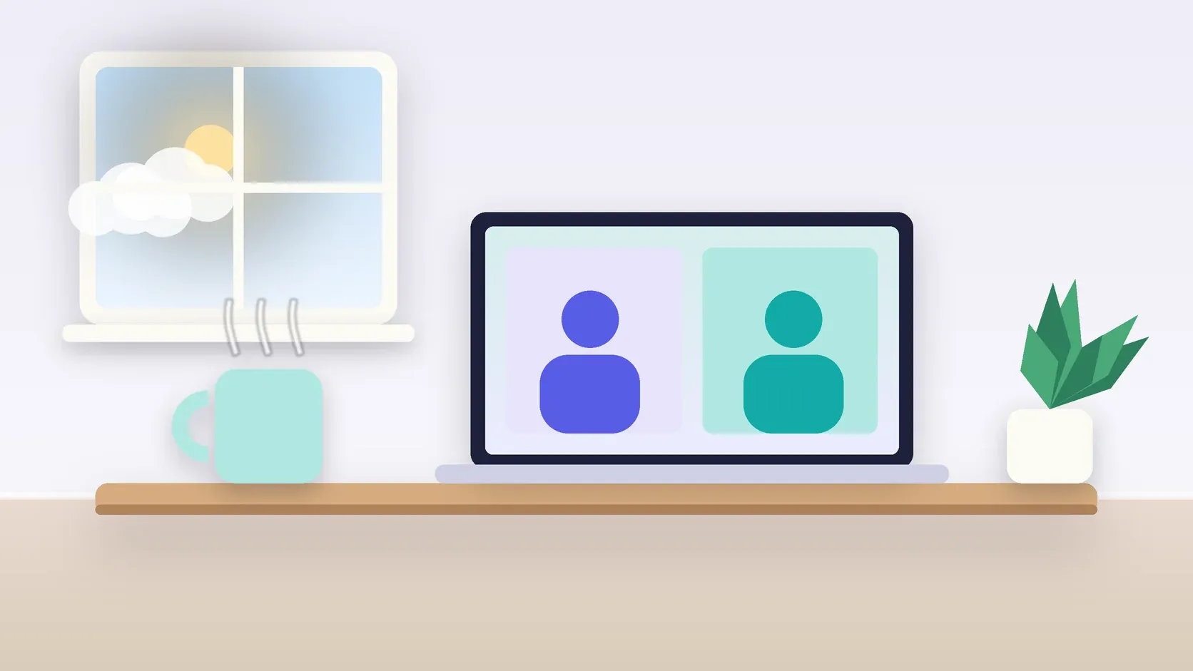 Illustration of a laptop showing a video visit on a desk beside a mug and a plant, with a sunny window behind