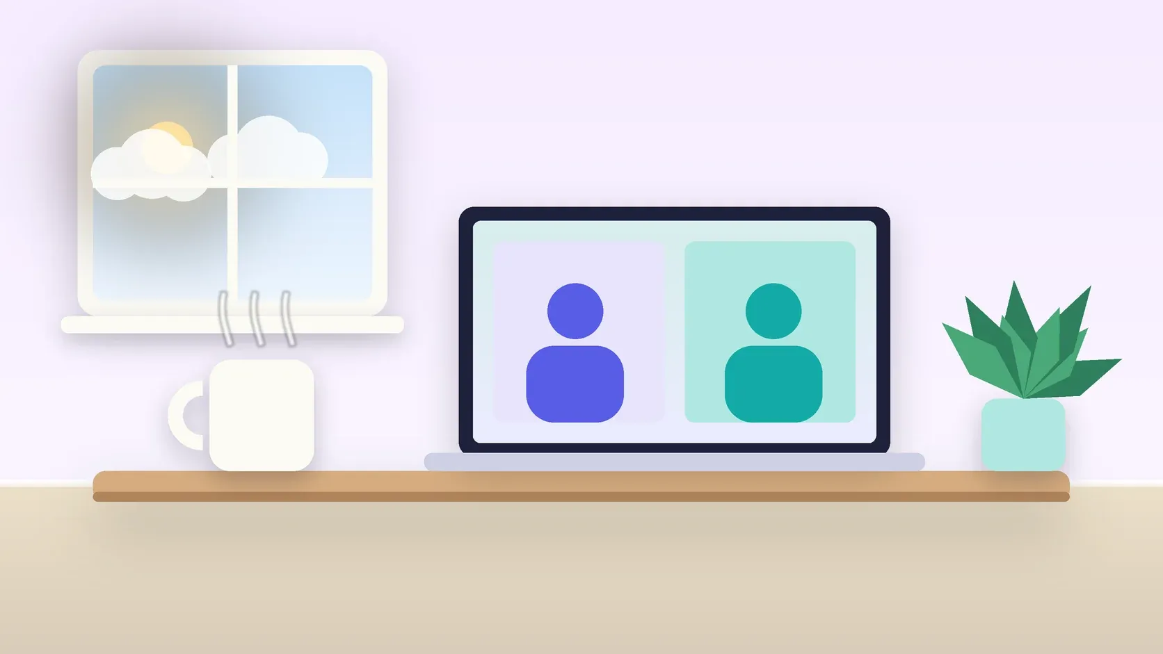 Illustration of a laptop showing a video visit on a desk beside a mug and a plant, with a sunny window behind