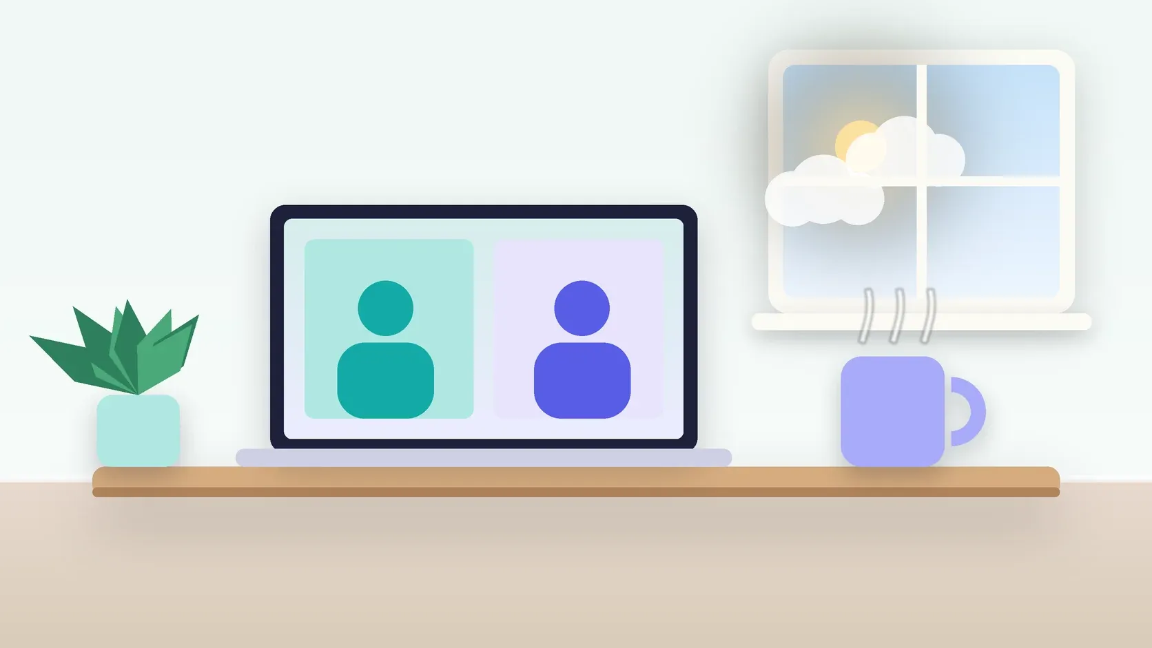 Illustration of a laptop showing a video visit on a desk beside a mug and a plant, with a sunny window behind
