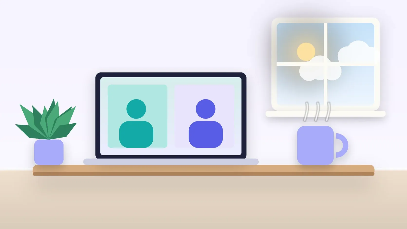 Illustration of a laptop showing a video visit on a desk beside a mug and a plant, with a sunny window behind