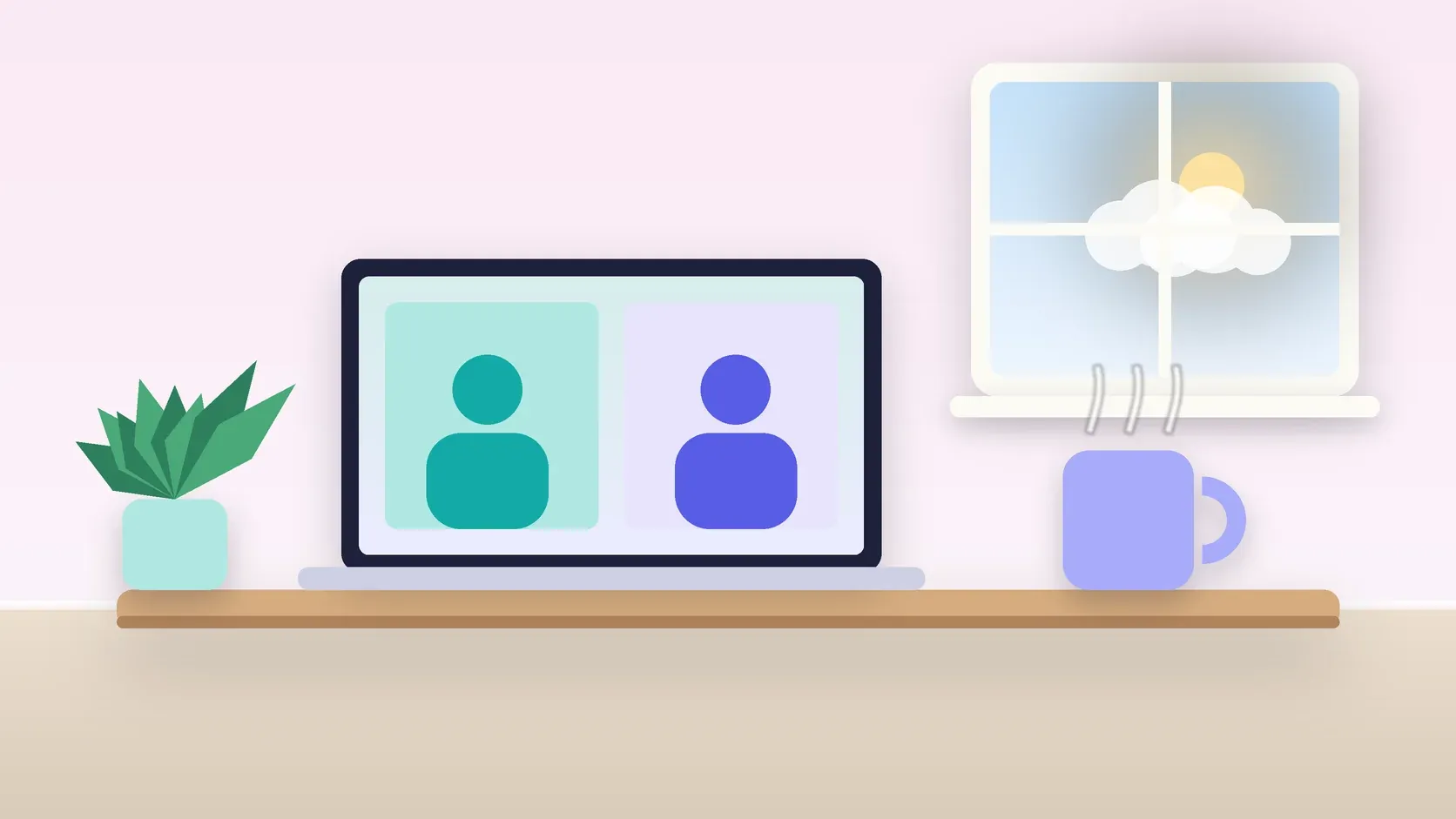 Illustration of a laptop showing a video visit on a desk beside a mug and a plant, with a sunny window behind