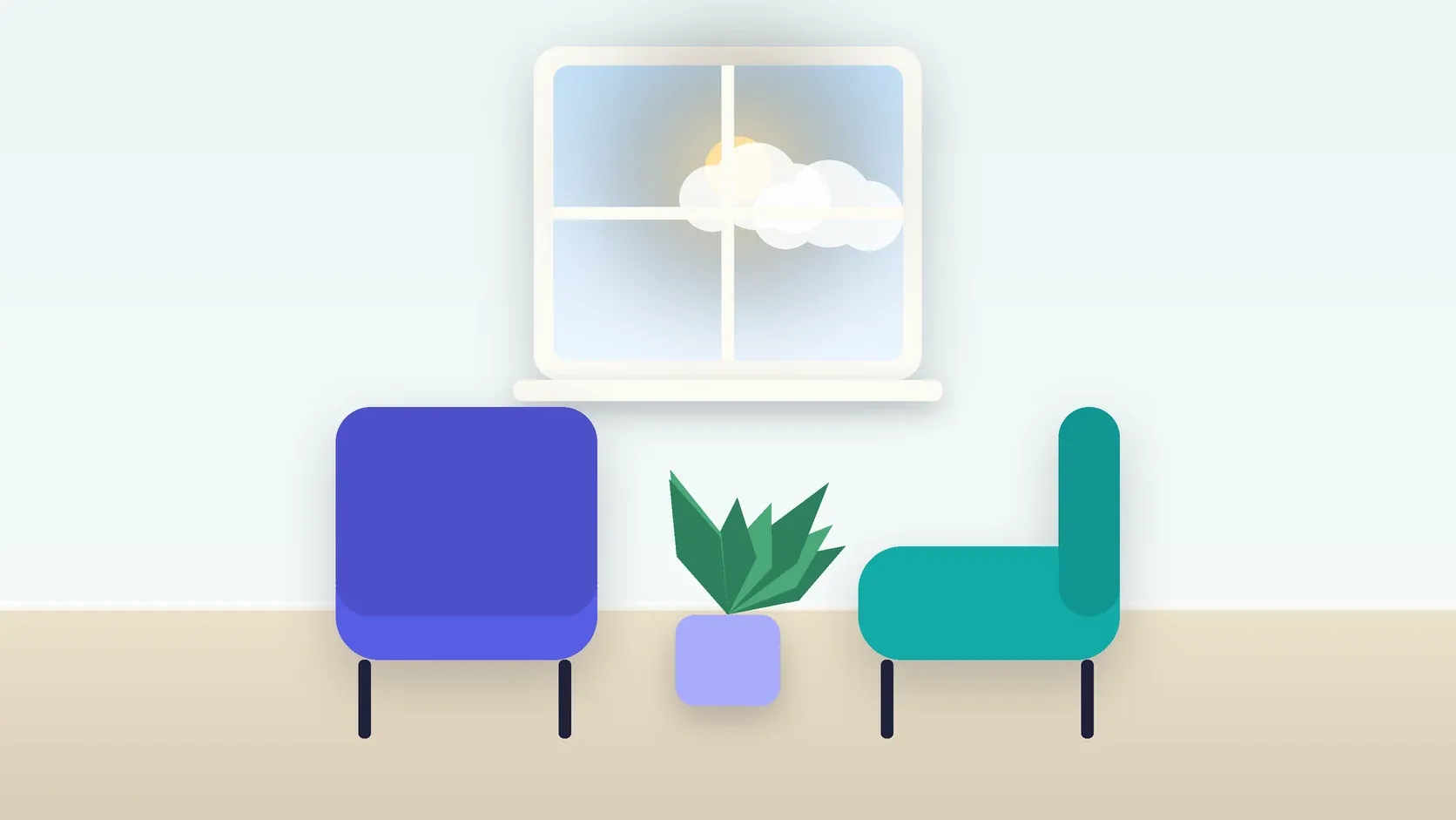 Illustration of two armchairs facing each other in a bright therapy room with a plant and a window