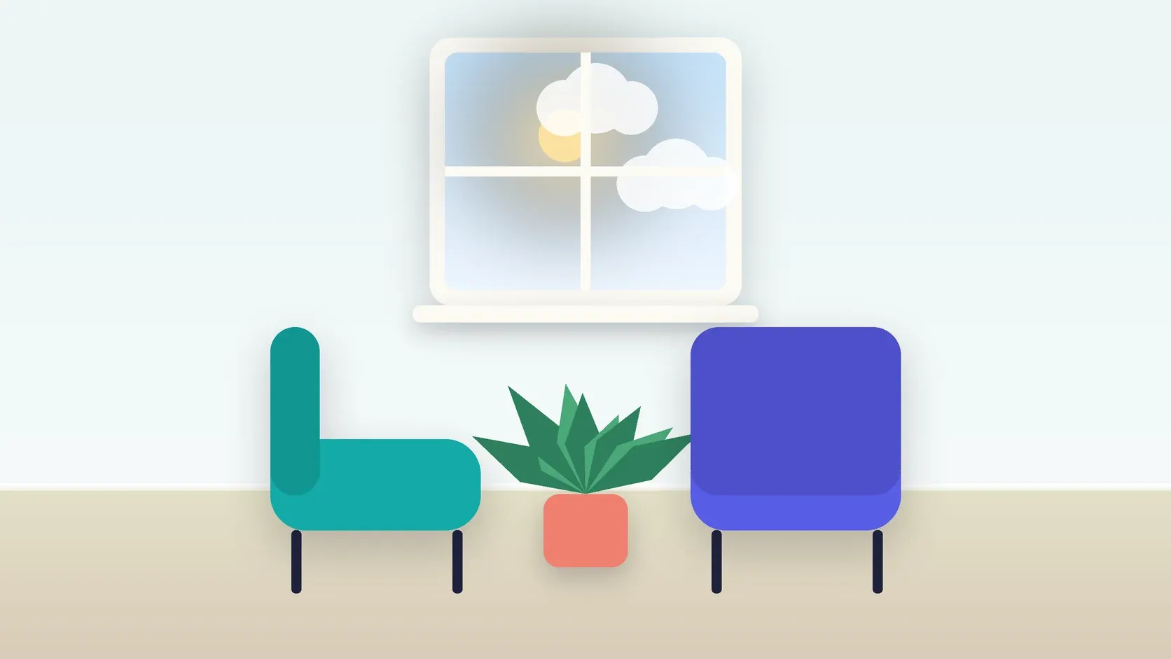 Illustration of two armchairs facing each other in a bright therapy room with a plant and a window