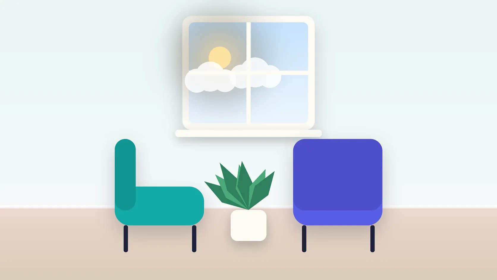 Illustration of two armchairs facing each other in a bright therapy room with a plant and a window