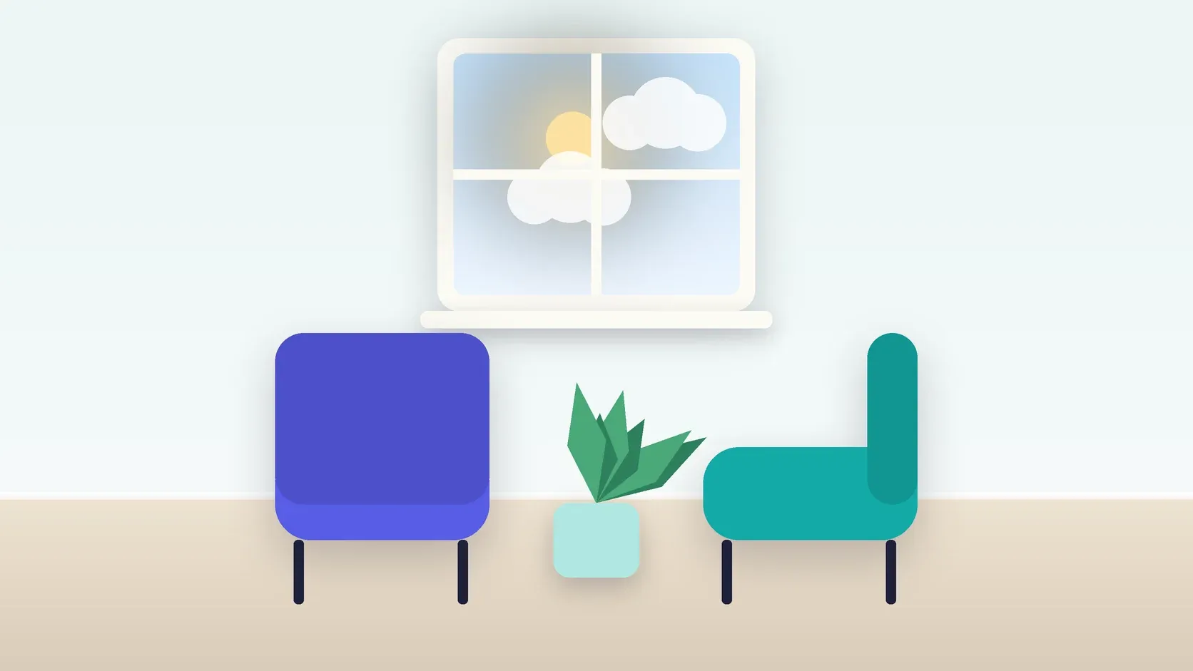 Illustration of two armchairs facing each other in a bright therapy room with a plant and a window