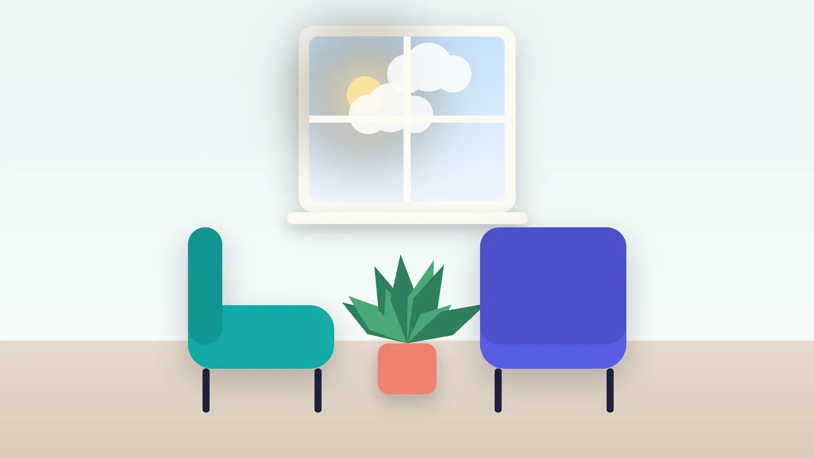 Illustration of two armchairs facing each other in a bright therapy room with a plant and a window