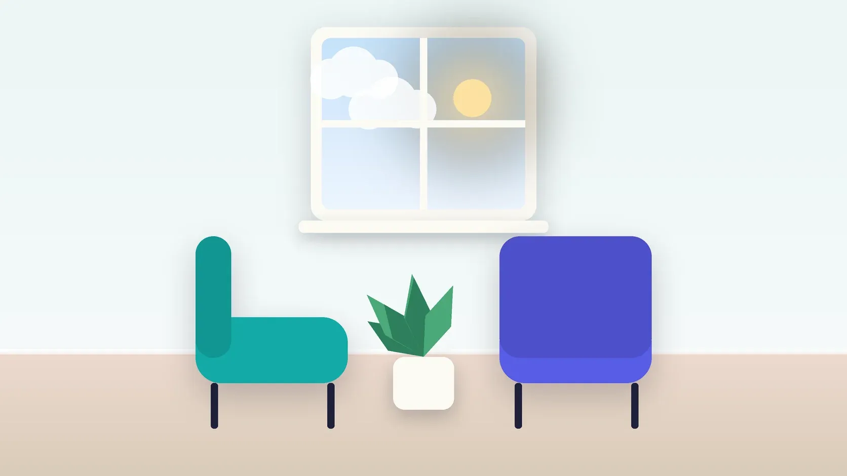 Illustration of two armchairs facing each other in a bright therapy room with a plant and a window