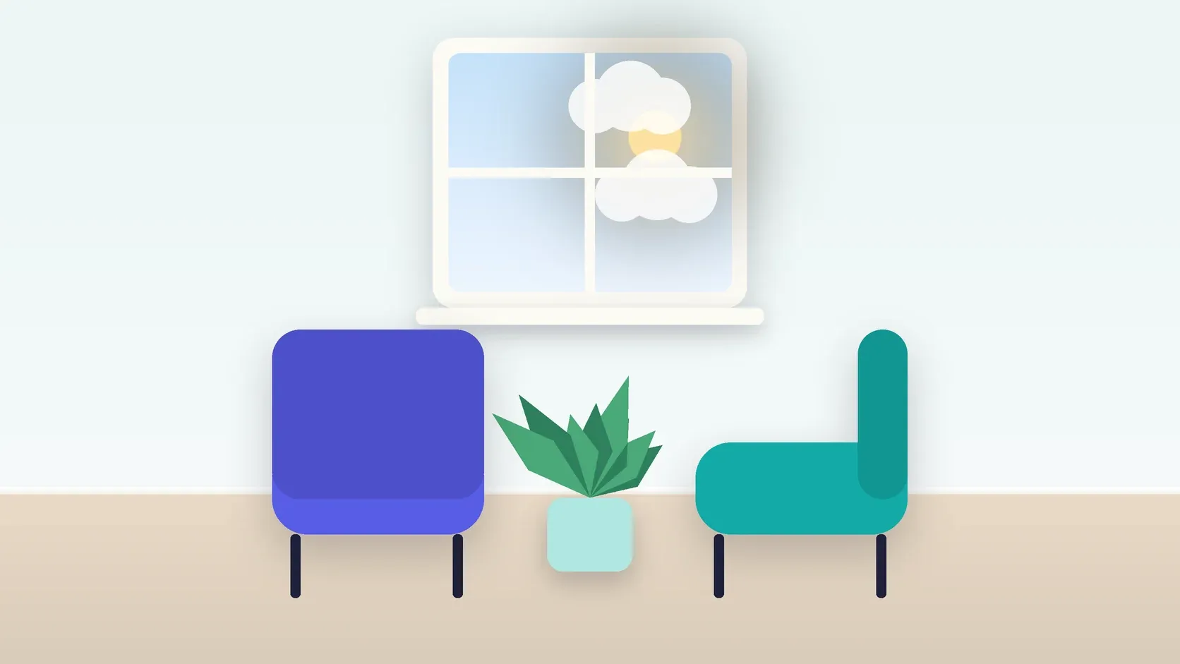 Illustration of two armchairs facing each other in a bright therapy room with a plant and a window