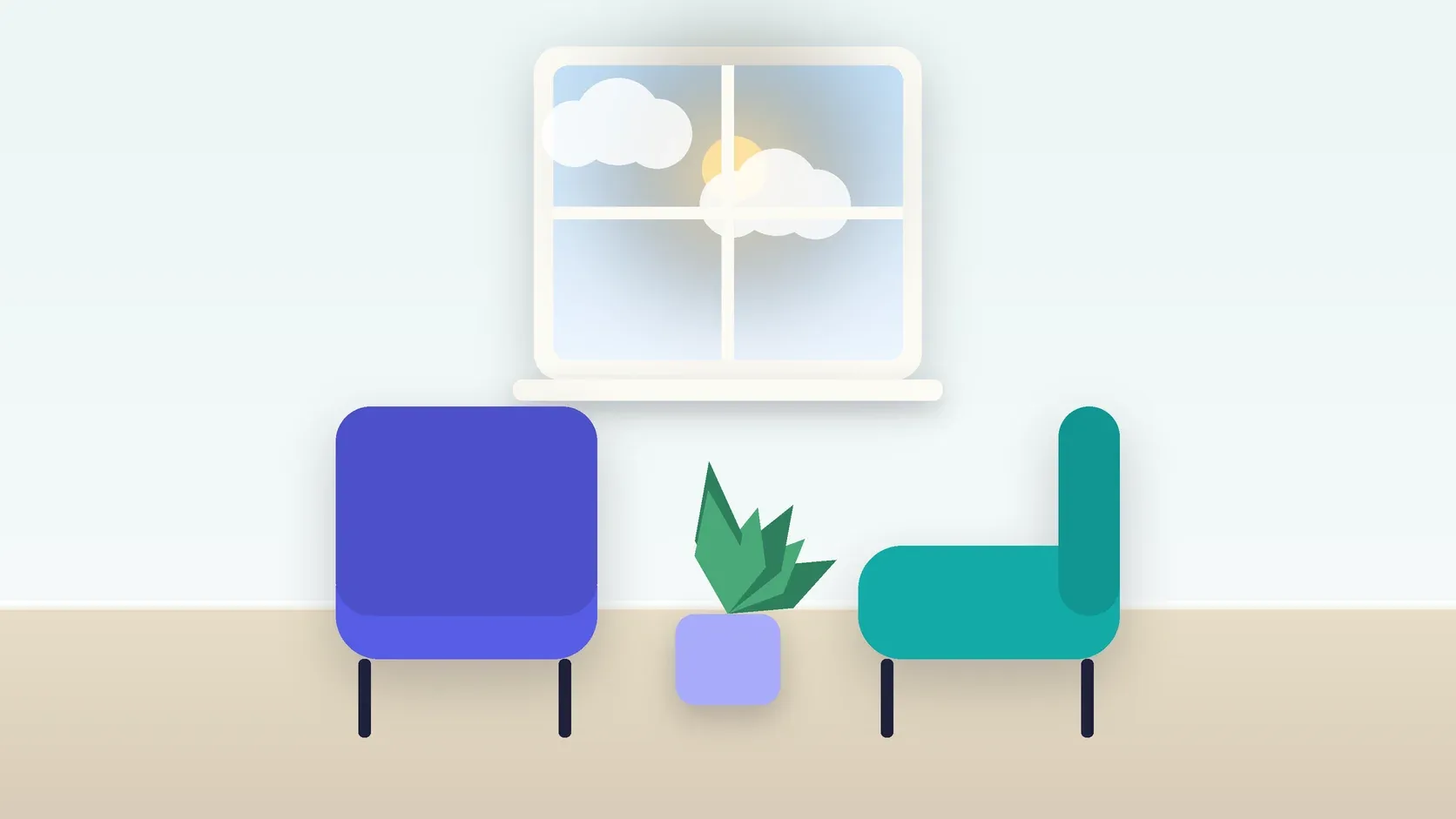Illustration of two armchairs facing each other in a bright therapy room with a plant and a window