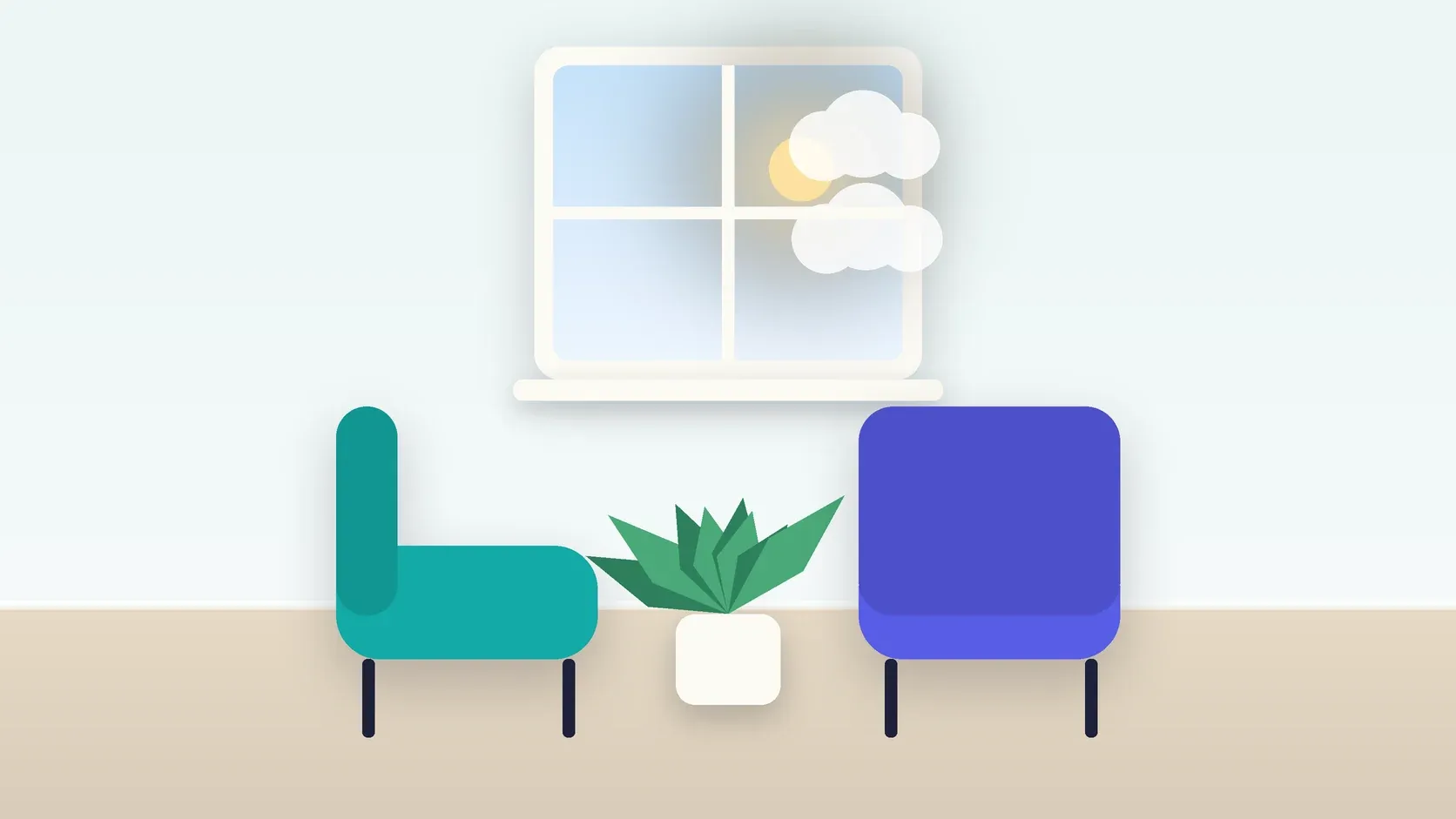 Illustration of two armchairs facing each other in a bright therapy room with a plant and a window