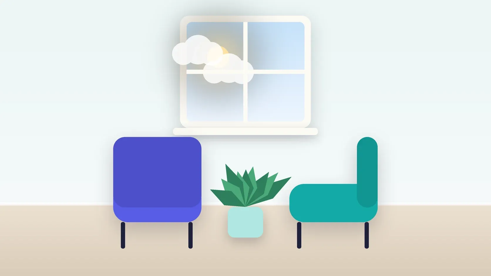 Illustration of two armchairs facing each other in a bright therapy room with a plant and a window